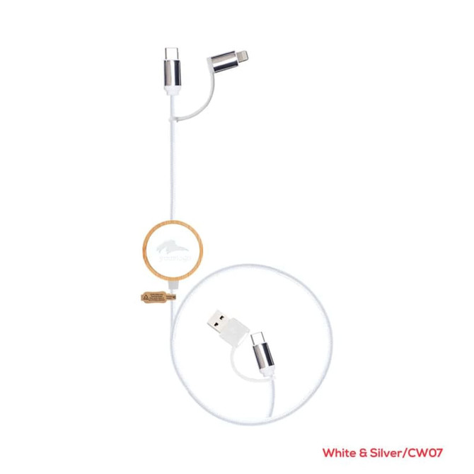 A white and silver charging cable with USB and Lightning connectors, featuring a round logo.