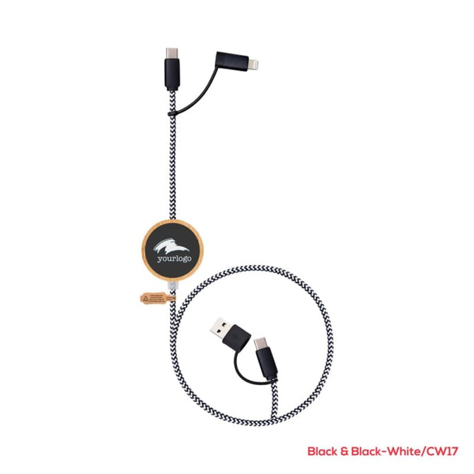 A black and white charging cable with a retractable design and multiple connectors, featuring a logo.