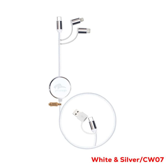 A white and silver charging cable with multiple connectors and a retractable design. Includes a USB plug.
