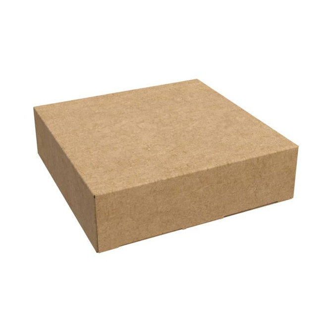 A recycled kraft tuck box in a natural brown colour, featuring a logo, measuring 85 x 85 x 23 mm.