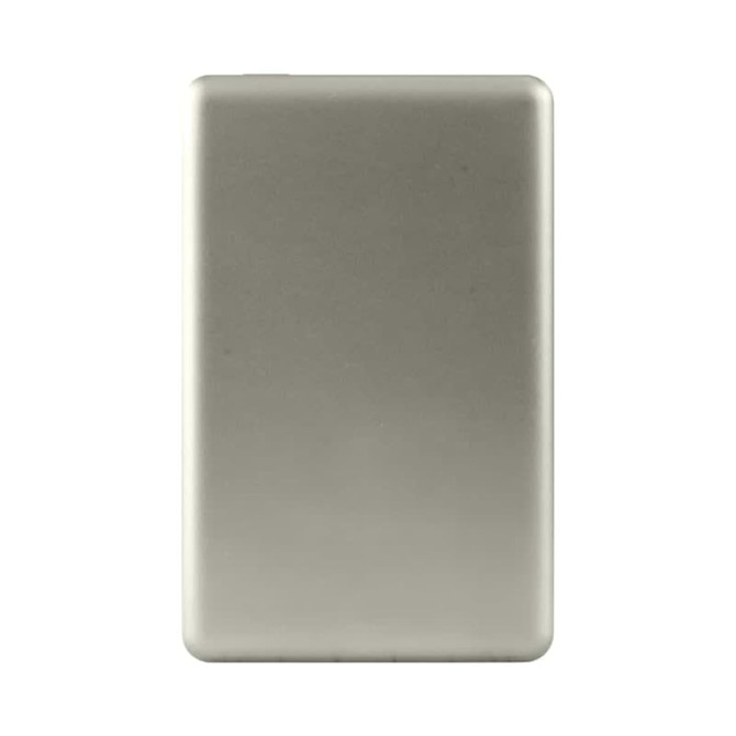 A silver power bank with a sleek design, featuring a logo on one side.