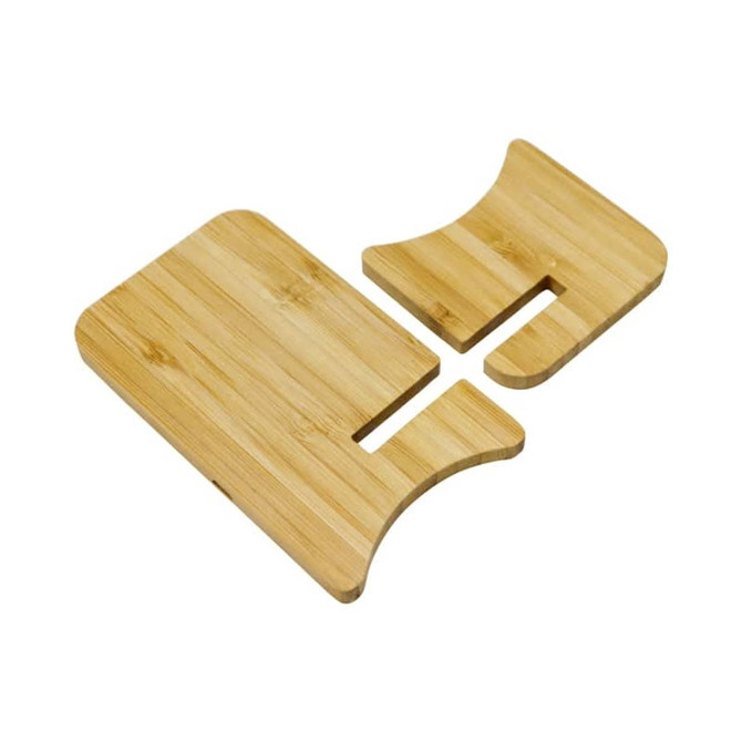 A bamboo wireless charging stand with two sections, designed for mobile devices. It features a natural wood finish.