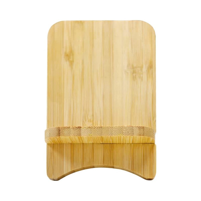 A bamboo wireless charge travel stand in a natural finish, featuring a smooth surface and curved base design.