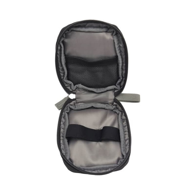 A grey eco-friendly accessory pouch with a zip closure, featuring mesh and strap sections inside.