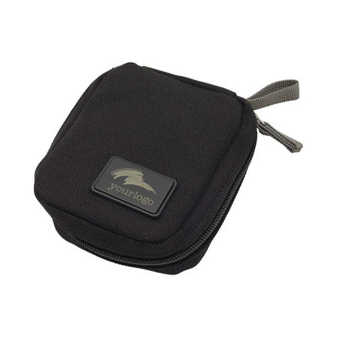 A black eco accessory pouch with a zip closure and a logo patch on the front.