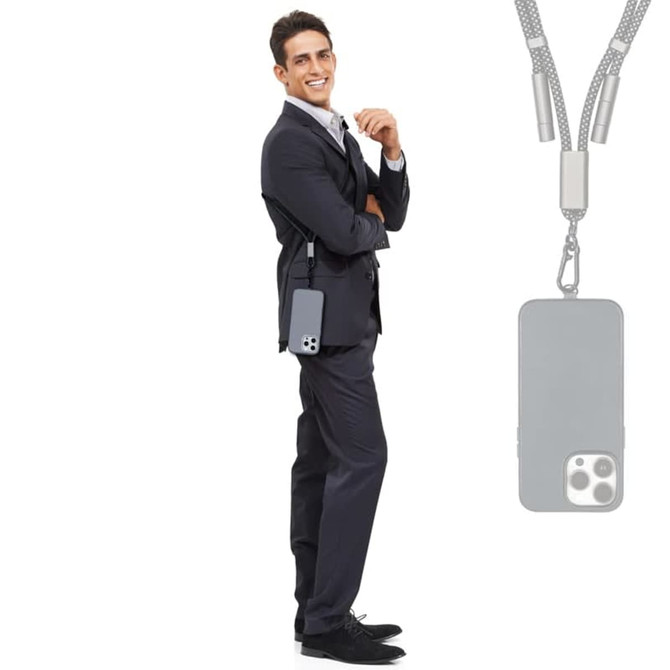 A grey eco phone strap with a charging and data cable hangs from a man in a suit. The strap features a sleek design. A grey eco phone strap with a charging and data cable hangs from a man in a suit. The strap features a sleek design.
