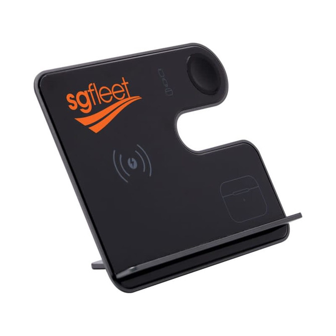A black wireless charger stand with a logo, featuring a sleek design and multiple charging sections. A black wireless charger stand with a logo, featuring a sleek design and multiple charging sections.