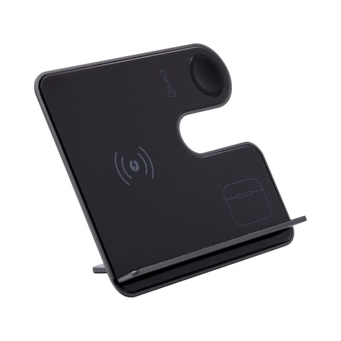 A black wireless charger with a sleek, modern design and an integrated stand for electronic devices. A black wireless charger with a sleek, modern design and an integrated stand for electronic devices.