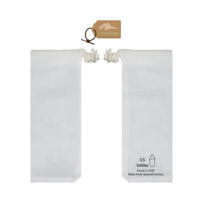 A light grey drawstring pouch made from recycled bottles, featuring a tag with a logo.