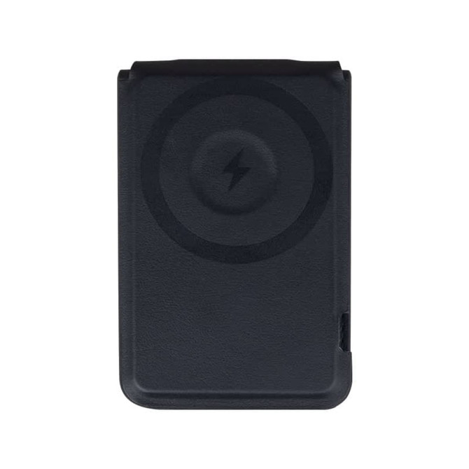 A black magnetic card wallet and wireless charging stand with a circular design feature.