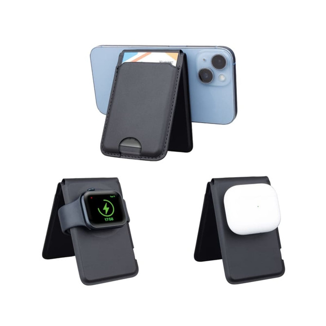 A black magnetic card wallet and wireless charging stand, holding a phone, Apple Watch, and AirPods.