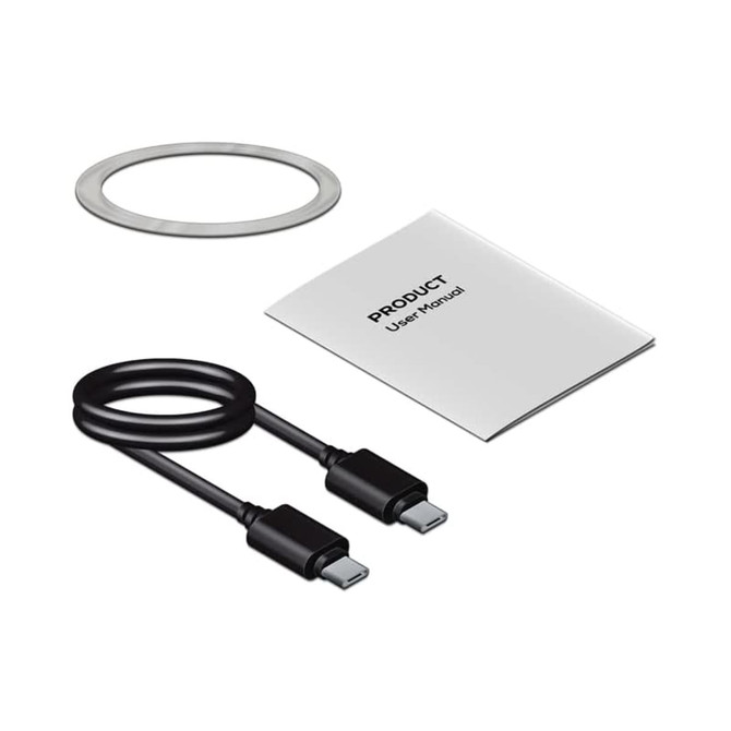 A power bank with a metallic ring, a user manual, and a black USB-C charging cable.
