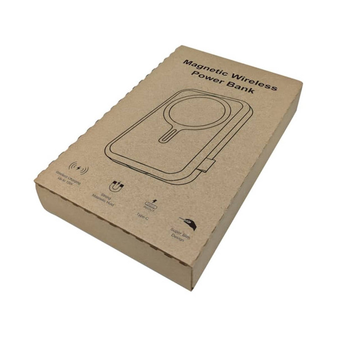 A brown cardboard box containing a magnetic wireless power bank, featuring a simple design and logo.