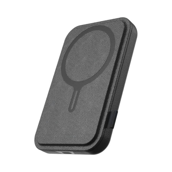 A black power bank with a textured finish and a magnetic charging feature. It has a logo on the surface.