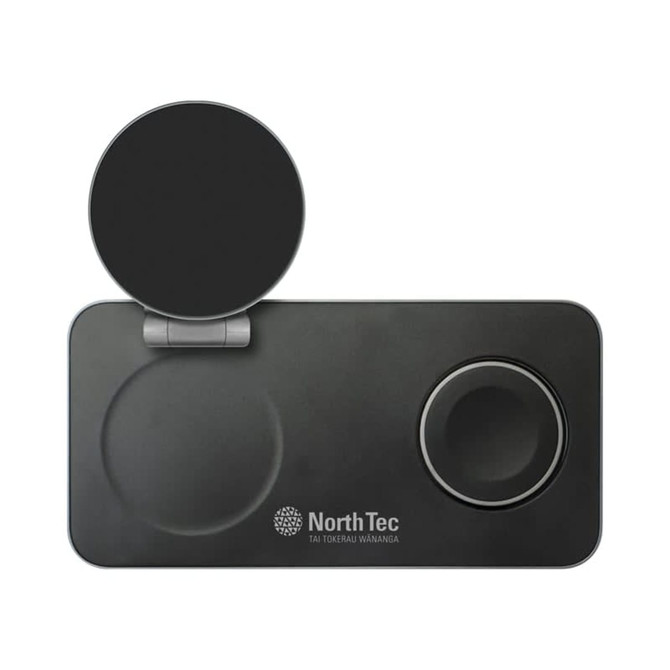 A black 3-in-1 magnetic wireless charging station with a circular and oval charging area, featuring a logo. A black 3-in-1 magnetic wireless charging station with a circular and oval charging area, featuring a logo.