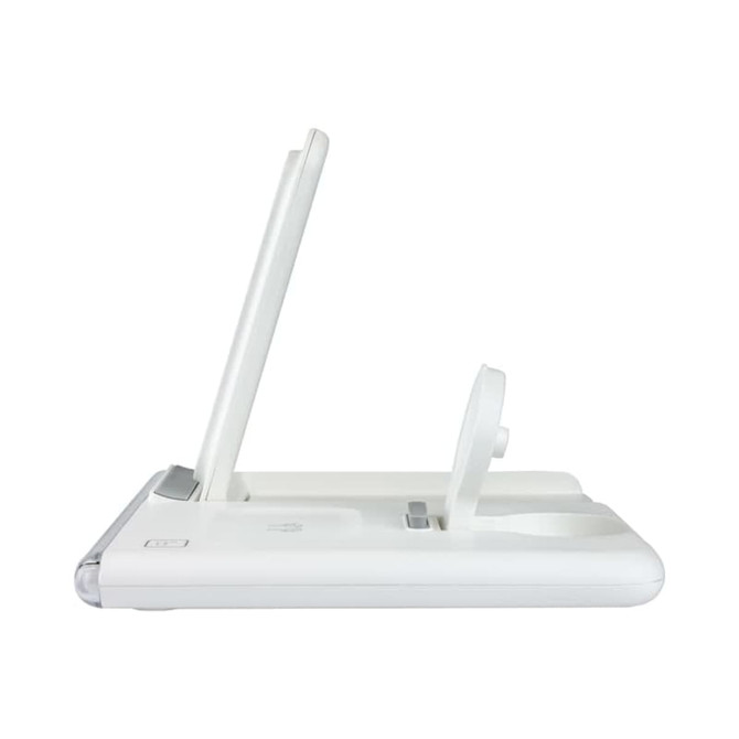 A white Haines 15W 3n1 magnetic wireless charger and USB adaptor with a sleek design and an angled charging stand. A white Haines 15W 3n1 magnetic wireless charger and USB adaptor with a sleek design and an angled charging stand.