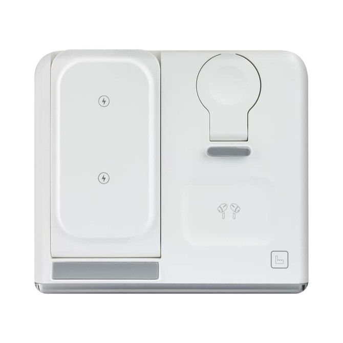 A white magnetic wireless charger and USB adaptor with an integrated logo, featuring two charging sections. A white magnetic wireless charger and USB adaptor with an integrated logo, featuring two charging sections.