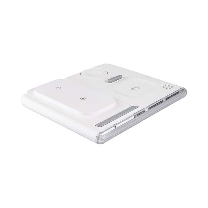 A white magnetic wireless charger and USB adaptor with multiple charging surfaces and a sleek design. A white magnetic wireless charger and USB adaptor with multiple charging surfaces and a sleek design.