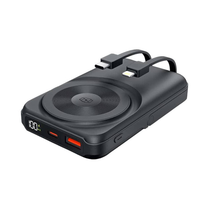 A black wireless power bank with a charging pad, two ports, and built-in cables for quick charging.