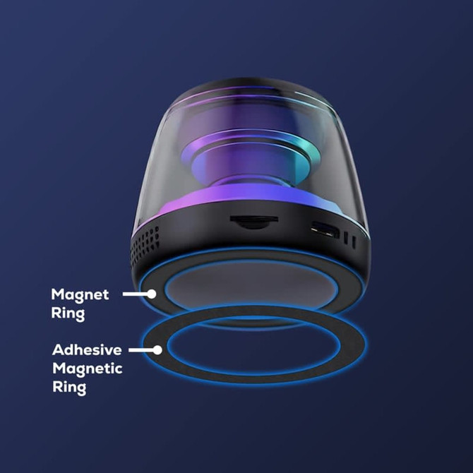 A Bluetooth speaker stand with RGB LED light features a transparent design, magnetic rings, and a charging port.