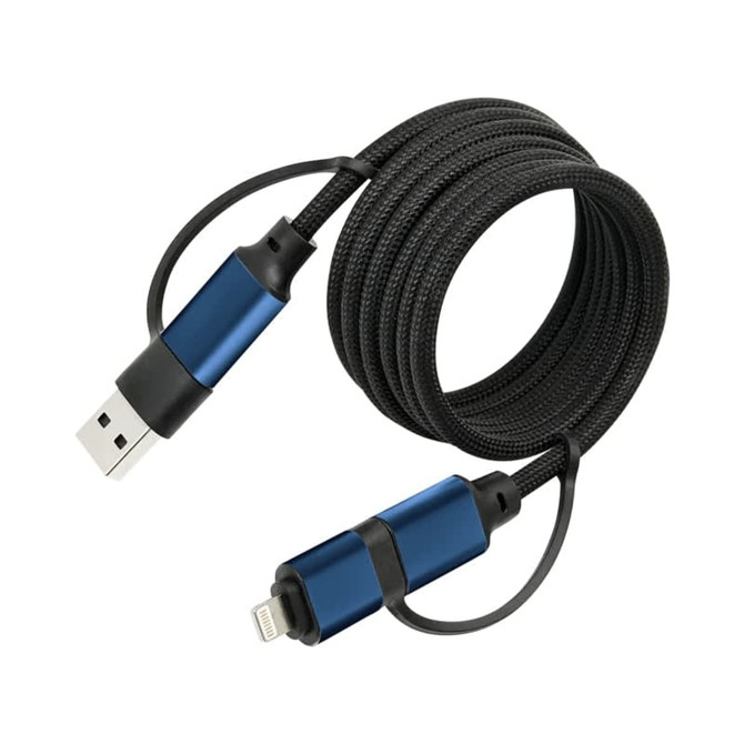 A blue-and-black braided charging cable with USB and Lightning connectors, coiled for easy storage. A blue-and-black braided charging cable with USB and Lightning connectors, coiled for easy storage.