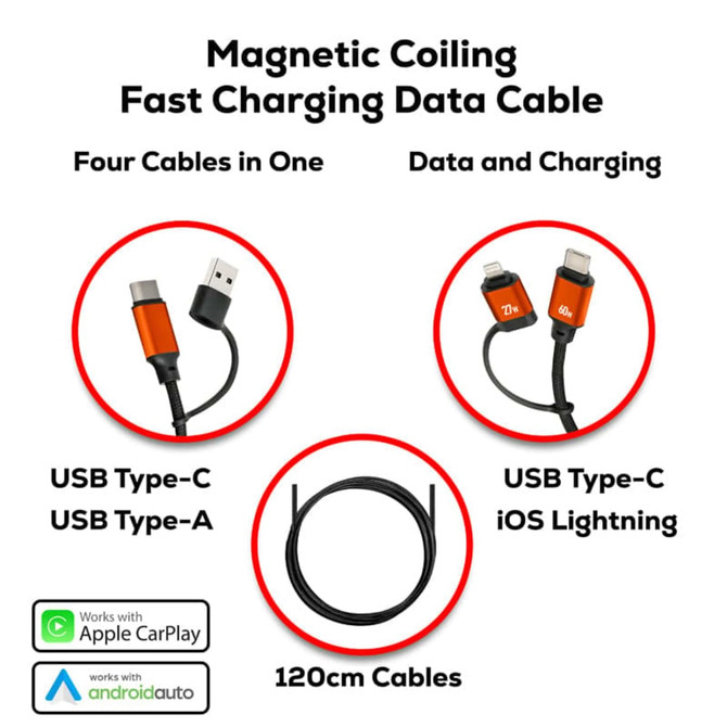 A magnetic coiling fast charging data cable in orange and black, featuring four cables in one for USB Type-C and iOS Lightning. A magnetic coiling fast charging data cable in orange and black, featuring four cables in one for USB Type-C and iOS Lightning.