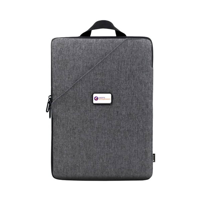 A grey laptop sling bag with a handle and a logo on the front. It features a zip closure and a minimalist design.