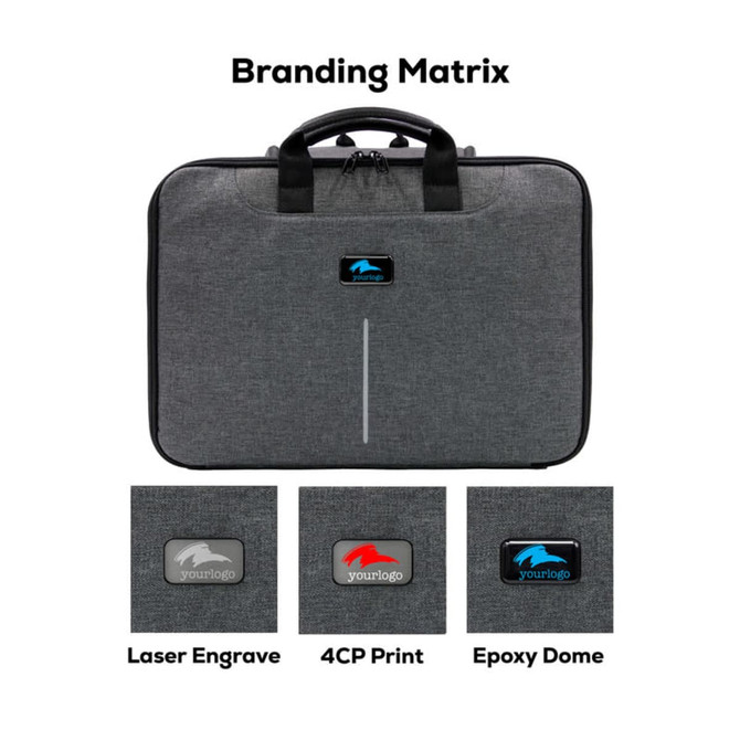 A grey laptop case with dual handles and a branding logo on the front, featuring options for logo displays below.