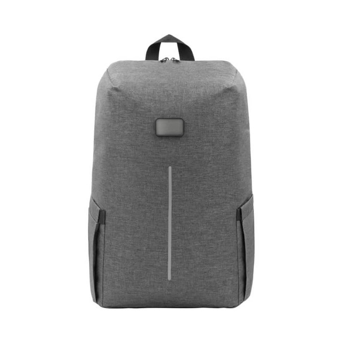 A grey backpack with a streamlined design and a logo, featuring two side pockets and a top handle.