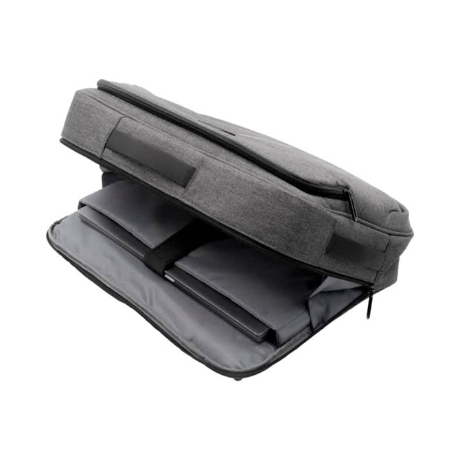 A grey hybrid computer bag with a zippered opening and padded compartments for laptops and accessories. A grey hybrid computer bag with a zippered opening and padded compartments for laptops and accessories.