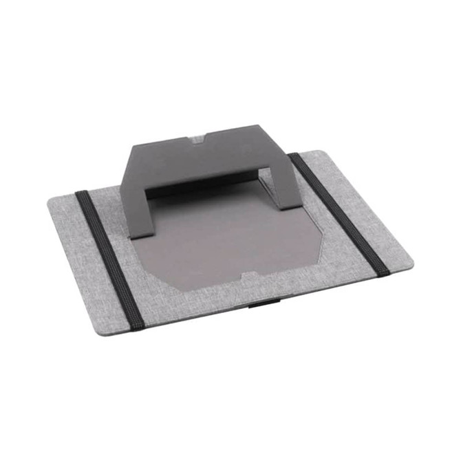 A grey recycled PET clipboard with an integrated phone stand and elastic bands for holding documents.