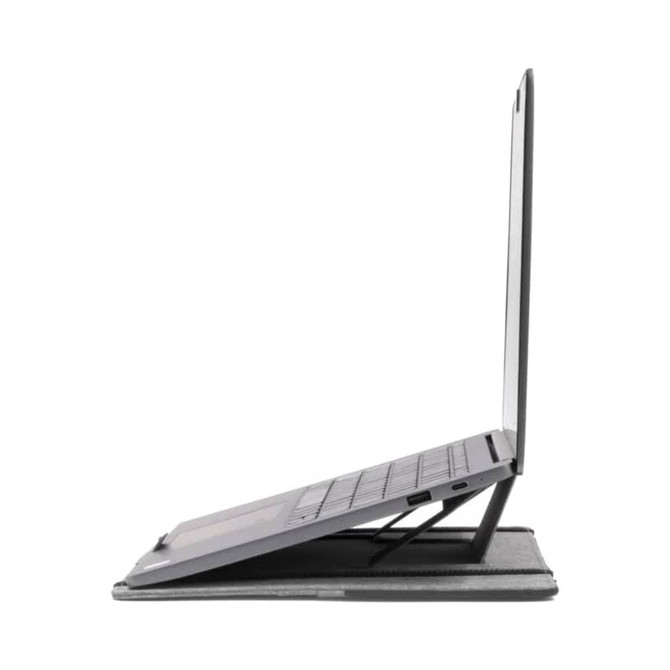 A sleek black laptop in an upright position, showcasing a minimalist design and adjustable angle stand.