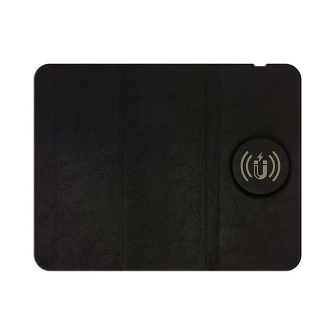 A black foldable magnetic wireless charging mouse pad featuring a circular logo.