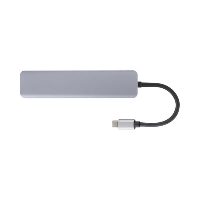 A grey Type-C hub with multiple ports, including Type-C, Type-A, HDMI, and a cable connector.