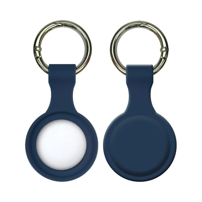 A navy silicone Airtag case featuring a smooth surface and a metal keyring for attachment.