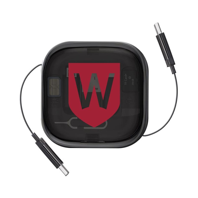 A retractable black cable set with data and fast charging capabilities, contained in a compact case with a logo.