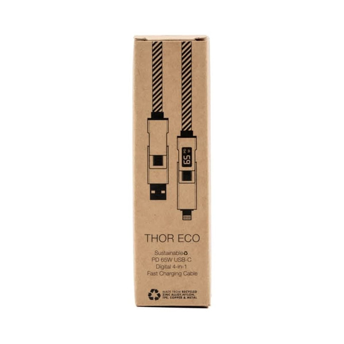 A rectangular cardboard packaging featuring a sustainable 65W USB-C fast charging cable with a logo.
