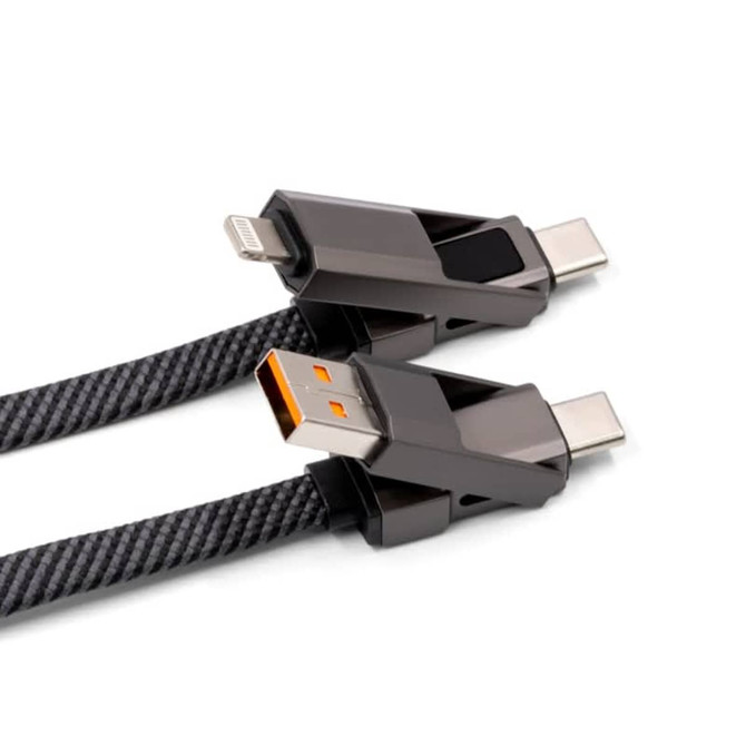 A black braided fast charging cable with multiple connectors, featuring a logo on the plugs.