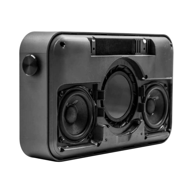 A black wireless speaker featuring dual speakers and a sleek design, with a volume control knob on one side.