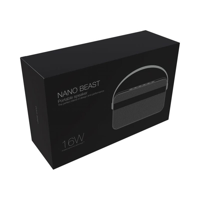 A black box containing the Nano Beast Premium Wireless Speaker, featuring a sleek design and carry handle.