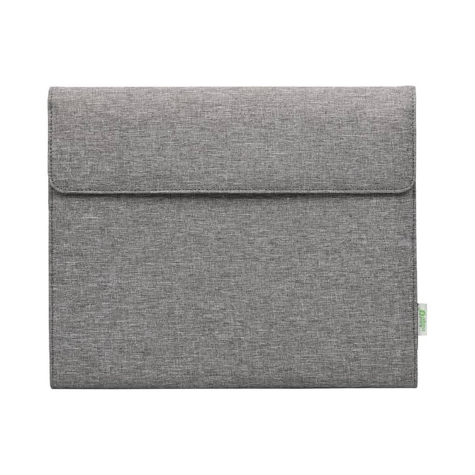 A grey business folio with a flap closure, featuring a logo and a textured fabric finish.