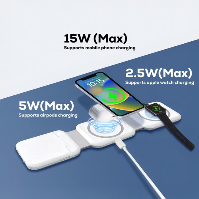 A magnetic wireless charging kit with sections for a phone, Apple Watch, and AirPods, featuring a sleek white design.