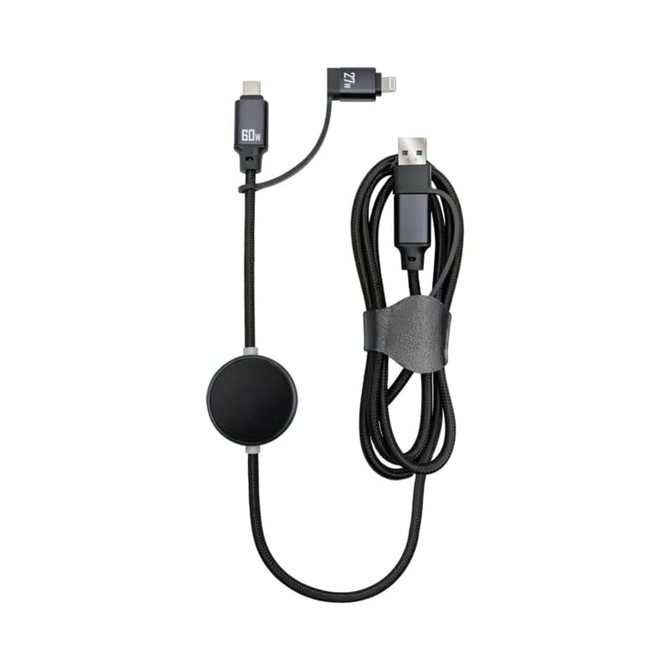 A 60W fast charging data cable in black with interchangeable connectors and a storage loop. Features a logo.