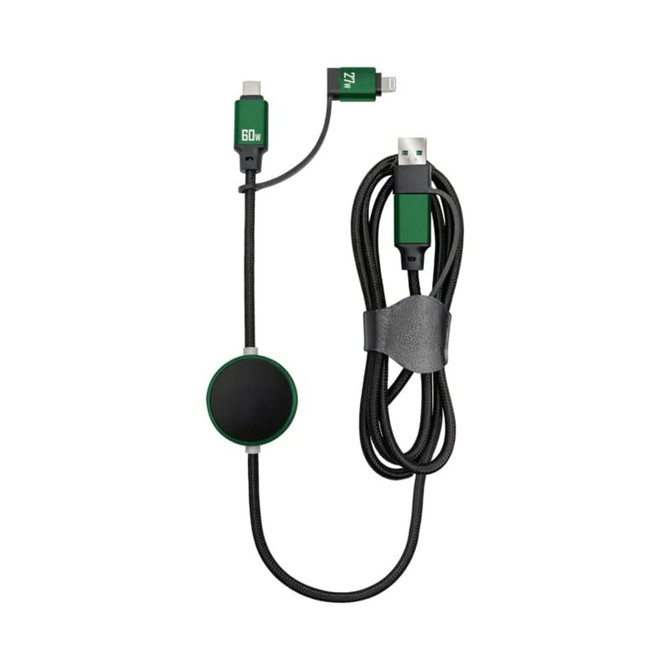 A green and black data cable with multiple connectors and a round charging attachment. It features a logo.