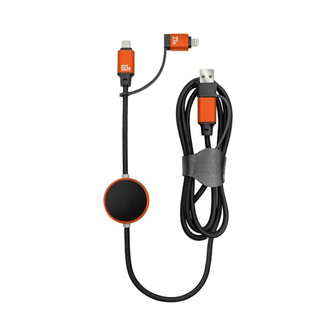 A fast charging data cable in black with orange accents, featuring multiple connector types and a circular switch.