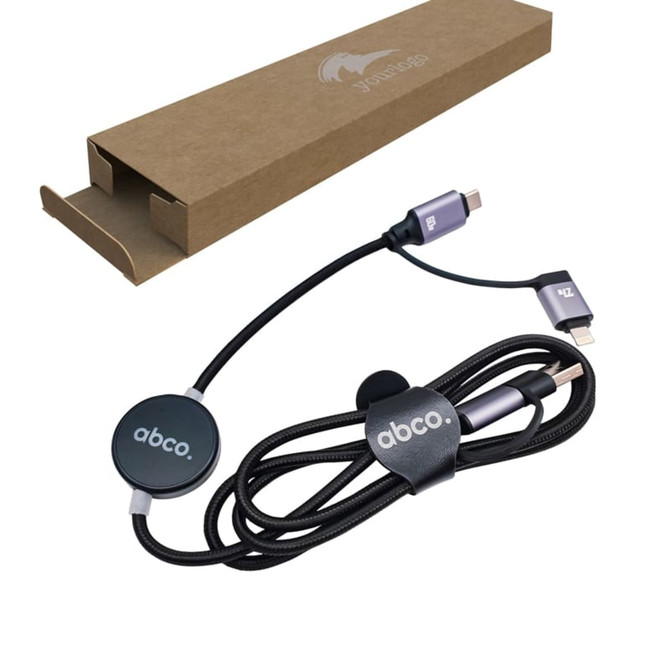 A data cable in black and grey with a protective case, featuring a logo. The cable supports fast charging and data transfer.