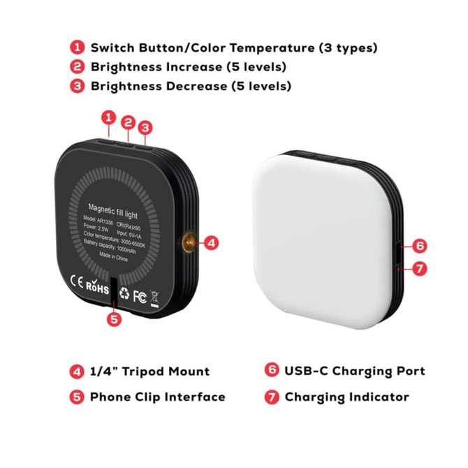 A magnetic LED selfie light in black and white, featuring adjustable brightness and multiple connection options.