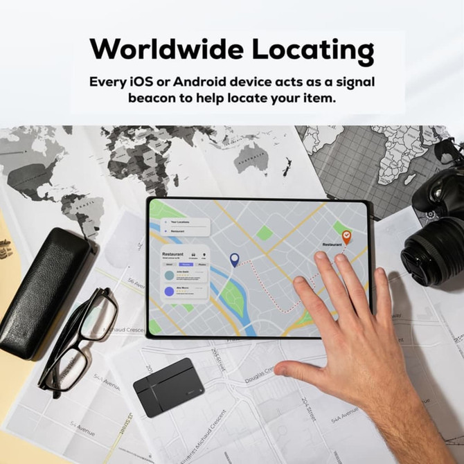 A hand is positioned over a tablet displaying a map, surrounded by a camera, glasses, and a wallet, on various maps.