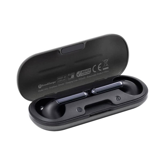 A pair of black Aria true wireless earbuds resting in a black charging case with a logo and branding.