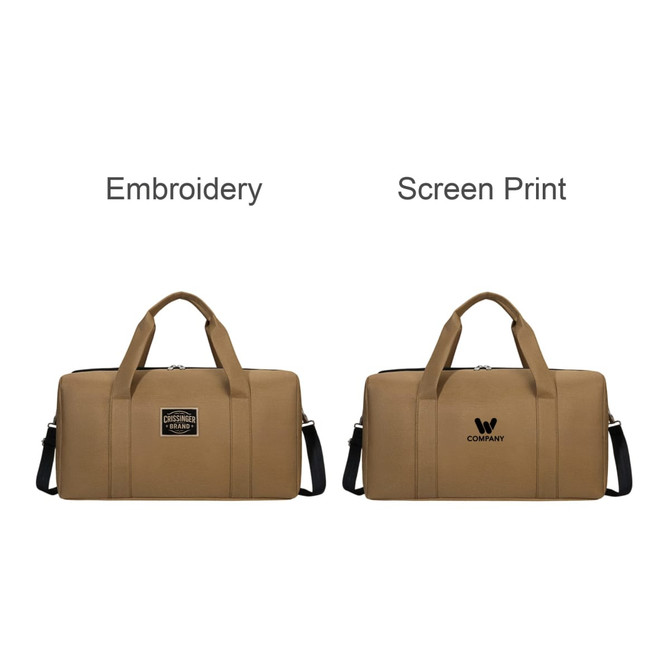 A brown durable duffle bag with handles and a detachable shoulder strap, featuring two designs for branding.